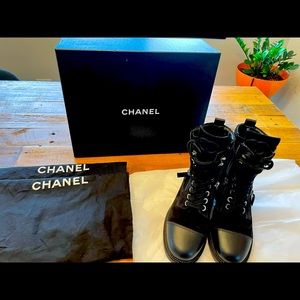 CHANEL Black Suede Calfskin Lace Up Boots